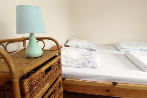 a bedroom with a bed and a lamp on a table at Pokoje u flisaka in Krościenko