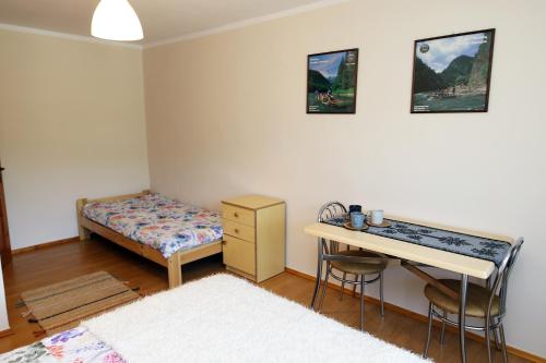 a room with a desk and a bed and a table at Pokoje u flisaka in Krościenko