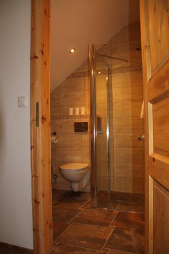 a bathroom with a toilet and a glass shower at Berghäusel in Löbau