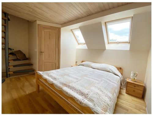 ein Schlafzimmer mit einem Bett und zwei Fenstern in der Unterkunft Apartamentai Obelynė in Palanga
