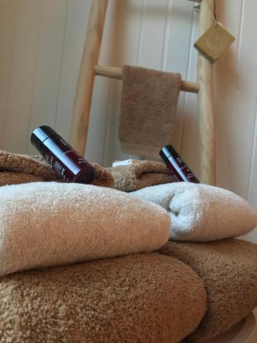 two bottles of wine sitting on top of towels at Le petit béguinage in Tongeren