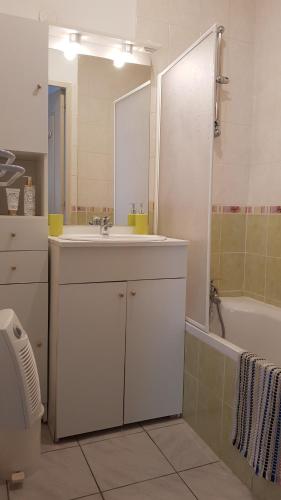 a bathroom with a sink and a mirror and a tub at Petite maison au calme garrigue et mer Montpellier in Teyran