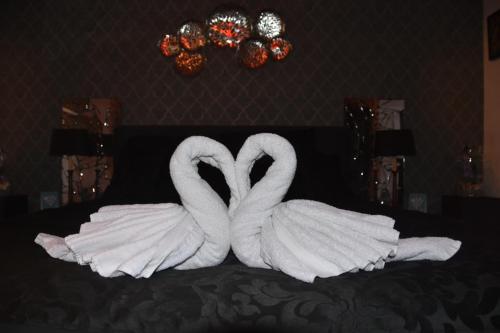 two swans wrapped in towels sitting on a bed at "Chez Ba'Nus" in Blankenberge