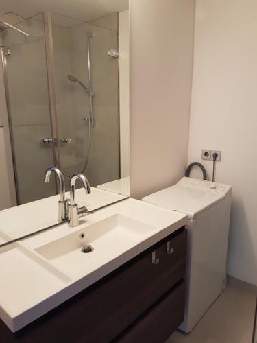 Ferienwohnung im Schwarzwald Oberwiesenhof في Seewald: حمام مزود بحوض ومِرآة