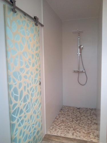 une douche avec une porte vitrée dans une salle de bain dans l'établissement Les palmiers - Vacation Home, à Saint-Xandre