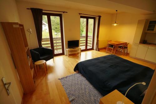 een slaapkamer met een bed en een tafel en stoelen bij Harrachov Apartmán 206 in Harrachov