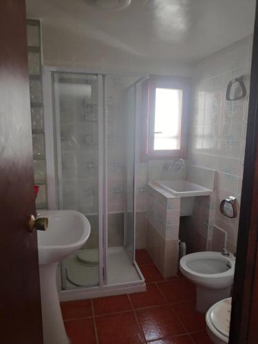 La salle de bains est pourvue d'une douche, d'un lavabo et de toilettes. dans l'établissement Ca Victor, à Arnés