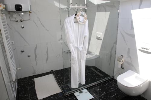 a white bathroom with a toilet and a shower at Prenociste Dunav 97 K5 in Novi Banovci