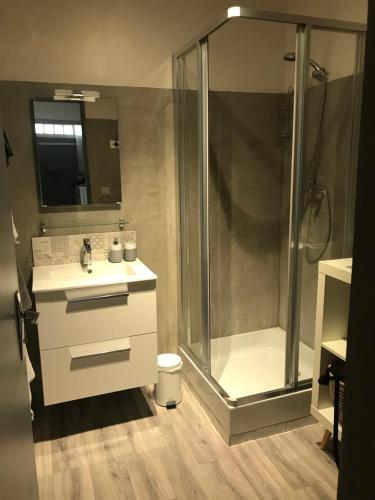 un bagno con doccia, lavandino e WC di Au cœur de Céreste a Céreste