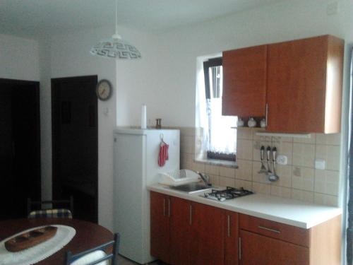 a kitchen with a sink and a white refrigerator at Apartments Krpan in Donja Klada