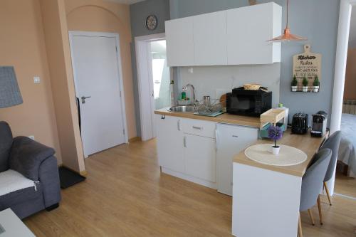a kitchen with white cabinets and a counter top at Prenociste Dunav 97 K5 in Novi Banovci