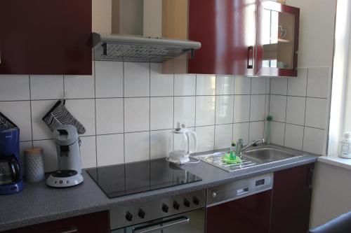 uma cozinha com um lavatório e uma bancada em Ferienwohnung Altstadtdomizil em Wernigerode