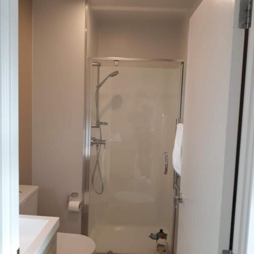 a bathroom with a shower with a toilet and a sink at Central location of Auckland Central in Auckland