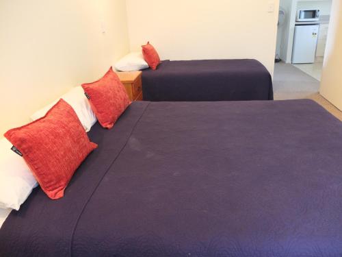 two beds with red pillows in a room at Colonial Court Motel in Cambridge