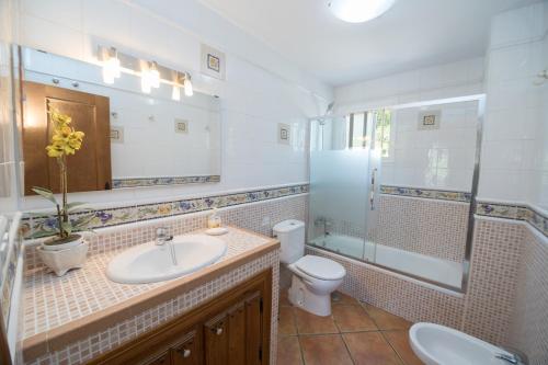 bagno con lavandino, servizi igienici e specchio di Villa las Tinajas Luxury a Nerja