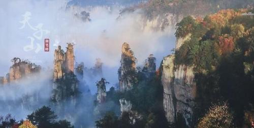 a misty view of a mountain with trees and rocks at Tongfu Inn(In the National Park) in Zhangjiajie