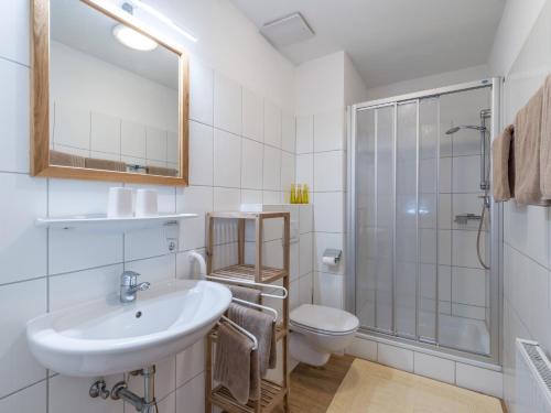 a bathroom with a sink and a toilet and a shower at Apartment Gossner in Westendorf