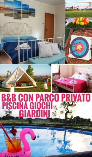 a collage of photos of a bedroom and a pool at La Luna nel Parco in Fano