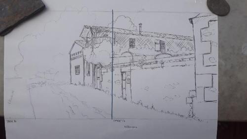 a drawing of a building on a sheet of paper at Le Gué Renard-un Balcon Sur La Charente in Jarnac