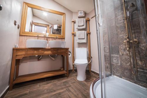 a bathroom with a toilet and a sink and a mirror at Guest house Diabora-Veliko Tarnovo in Veliko Tŭrnovo