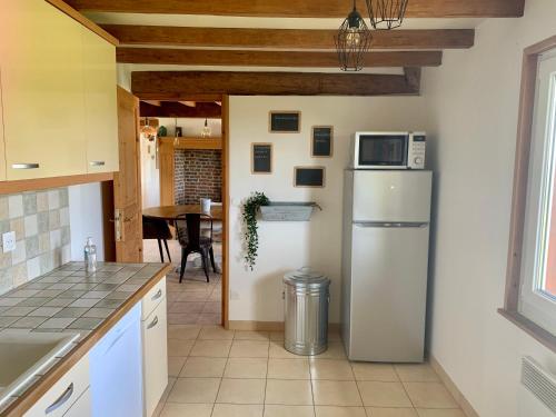 uma cozinha com um frigorífico e uma mesa em Le gîte du bois Greffier em Flêtre