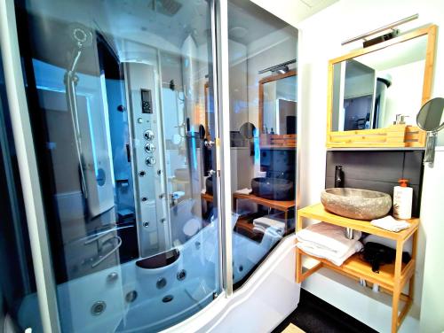 a bathroom with a shower and a sink at Appart Hotel Relax Spa in Lens