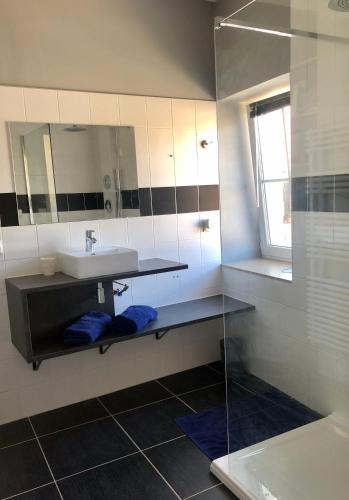 une salle de bain avec un lavabo et un miroir dans l'établissement Gîte de la Grenouillette, à Saint-Maurice-de-Satonnay