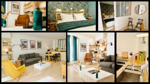 eine Collage mit Fotos von einem Wohnzimmer und einem Schlafzimmer in der Unterkunft Le Saint Roch-Centre-Free Parking-Clim in Montpellier
