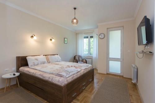 a bedroom with a bed and a tv on the wall at Apartment " Daria Vas" in Sofia