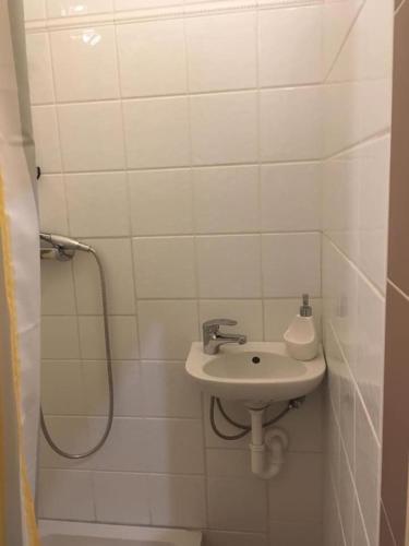 a white bathroom with a sink and a shower at Malasits Apartman in Győr