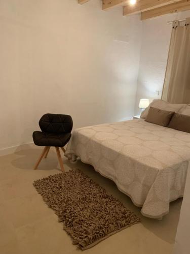 1 dormitorio con 1 cama, 1 silla y 1 alfombra en Apartamento “El Vicho” en la Axarquía en Almáchar