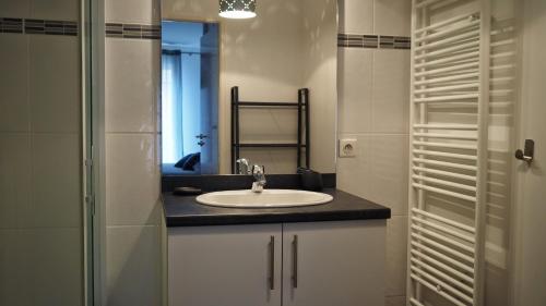une salle de bain avec un lavabo et un miroir dans l'établissement magnifique appartement Capbreton, à Capbreton