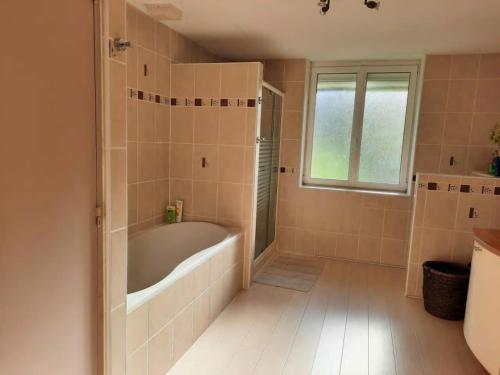 a bathroom with a bath tub and a window at L'Arbonnaise in Arbon