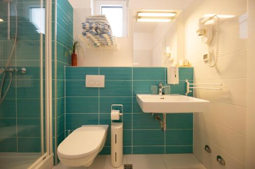 uma casa de banho com um WC, um lavatório e um chuveiro em Pension Augustino em Ražanac