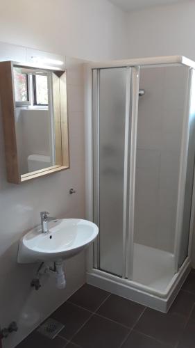 a bathroom with a white sink and a shower at Villa Kučan in Porat