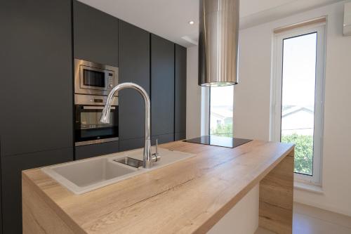 a kitchen with a sink and a microwave at Villa Art gallery apartments in Murter