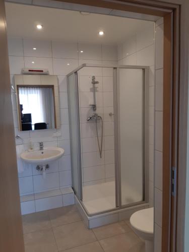 a bathroom with a shower and a sink at Simon-Dach-Haus in Klaipėda