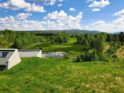 an aerial view of a green field with a house at Røros Hotell - Bad & Velvære in Røros
