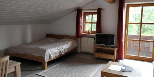 ハウツェンベルクにあるFeriendorf Hauzenbergのベッドルーム(ベッド1台、テーブル上のテレビ付)