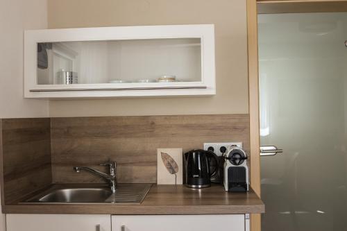 een aanrecht met een spoelbak en een magnetron bij Das Kornburg-Quartier in Neurenberg