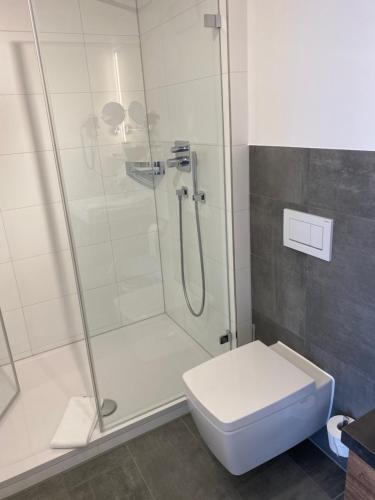 a bathroom with a shower and a toilet at Hotel Capri in Überlingen