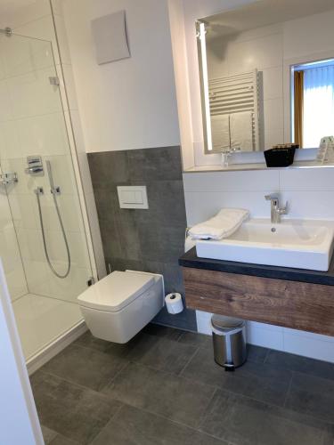 a bathroom with a toilet and a sink and a shower at Hotel Capri in Überlingen