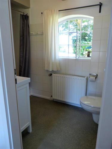 a bathroom with a toilet and a window at Krögerhof in Manhagen