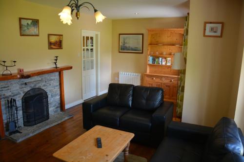 salon z kanapą i kominkiem w obiekcie Amber Cottage w Killarney