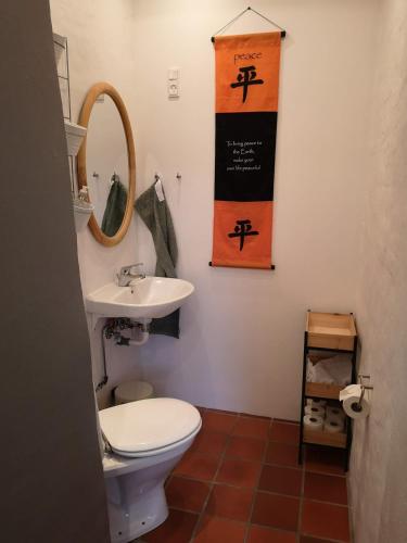 a bathroom with a toilet and a sink at Safine B&B in Fåborg