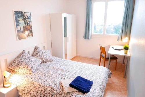 une chambre avec un lit, un bureau et une table dans l'établissement Vue dégagée Pyrénées Pau - 3 chambres 6 pers- Parking Gratuit, à Pau