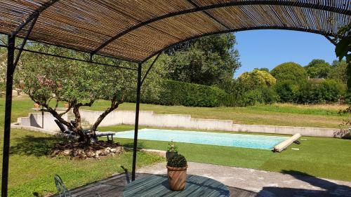 un pavillon avec un arbre et une piscine dans l'établissement chambre saint emilion - Le Clos d'Antan, à Les Artigues-de-Lussac