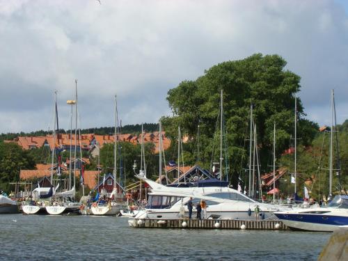 a group of boats docked in a harbor at Butas Nida Ramybė in Nida