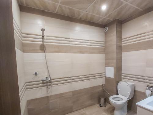 uma casa de banho com um WC e um chuveiro em Апартамент Св. Антоний Велики Apartment St. Anthony the Great em Sandanski