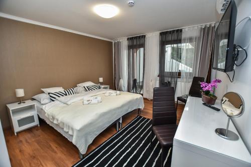 a hotel room with a bed and a television at É-Vaskó Panzió Borpince in Tokaj